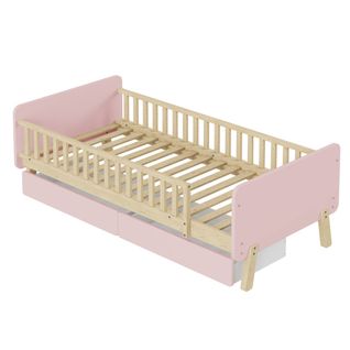 Lit Enfant 90x190 Cm Avec 2 Tiroirs, Barrières De Lit, Sommier à Lattes, Rose