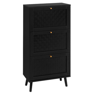 Meuble à Chaussures 3 Portes à Motif Croisé Rayé, Poignées Dorées, Noir