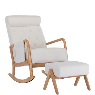 Fauteuil à Bascule Beige Avec Repose-pieds, Structure En Bois, Fauteuil De Salon, Lin