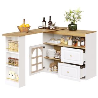 Meuble De Bar Pivotant 360° Blanc, Buffet De Cuisine, 2 Tiroirs, Rangement Ouvert, Mdf
