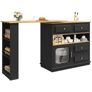 Meuble De Bar Rotatif à 360°noir, Rangement Ouvert, 4 Tiroirs, 1 Porte, Table à Manger, Mdf