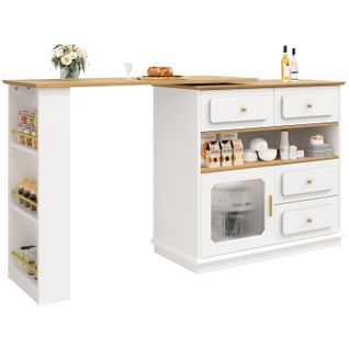 Meuble De Bar Rotatif à 360°blanc, Rangement Ouvert, 4 Tiroirs, 1 Porte, Table à Manger, Mdf