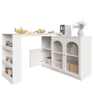 Meuble De Bar Rotatif 360°, Rangement Ouvert, 2 Portes Vitrées, 3 Étagères Latérales, Mdf, Blanc