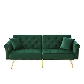 Canapé Convertible 2 Places, Tissu Velours, Double Dossier Réglable, Vert Antique, 173 X 75 X 70 Cm