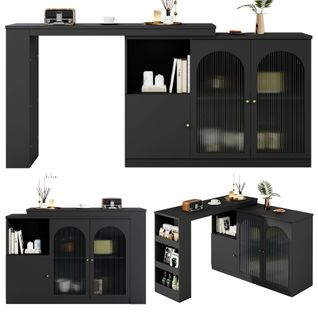 Meuble De Bar Rotatif 360°, Rangement Ouvert, 2 Portes Vitrées, 3 Étagères Latérales, Mdf, Noir