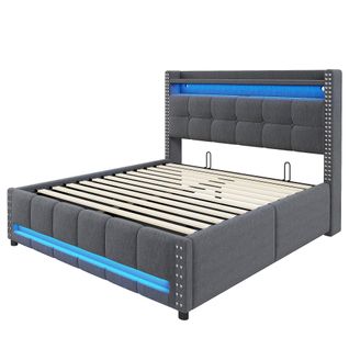 Lit Coffre 160x200 Cm Lit Adulte Avec Éclairage LED Télécommandé, Prise USB, Lin, Gris