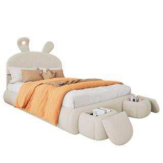 Lit Coffre Enfant 140x200 Cm Avec 2 Tabourets De Rangement, Éclairage LED, Velours, Sans Fond, Beige