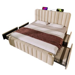 Lit Adulte 180x200 Cm Avec 4 Tiroirs, Rayures Décoratives Dorées, Charge USB, Sans Fond, Lin, Beige