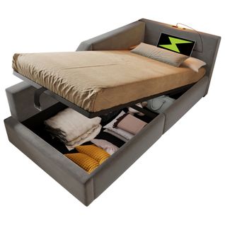 Lit Coffre 90x190 Cm Lit Enfant Avec Liseuse, Port De Charge USB-c, Velours, Gris