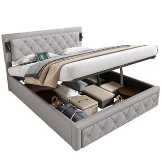 Lit Coffre 160x200 Cm Lit Adulte Avec Lampe De Chevet, Port USB, Rayures Diamant, Lin, Gris