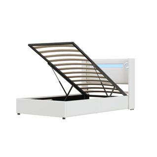 Lit Coffre 90x200 Cm Lit Enfant Avec Éclairage LED, Lecteur Bluetooth, Charge USB, Cuir Pu, Blanc