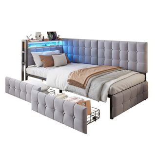 Lit banquette enfant 90x200cm avec 2 Tiroirs de rangement, LED et charge USB, velours, gris clair