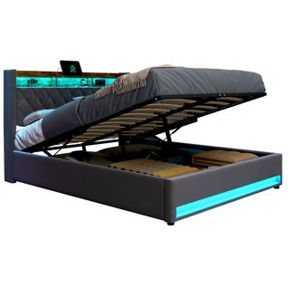 Lit Double Coffre Rembourré 160x200cm, Bande Lumineuse LED, Chargement USB, Gris Foncé