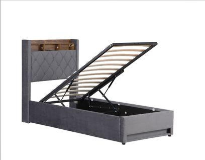 Lit Coffre 90x190 Cm Avec Bande Lumineuse LED Et D'un Port USB De Recharge, En Velours, Gris Foncé