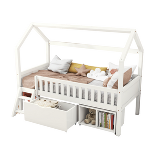 Lit Cabane 90x200 Cm Avec Tiroirs Et Rangement, Avec Barrière Anti-chute, Blanc