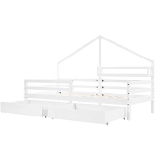 Lit Cabane Enfant 90x200 Avec Étagère De Rangement Et 2 Grands Tiroirs, Forme Cheminée, Blanc