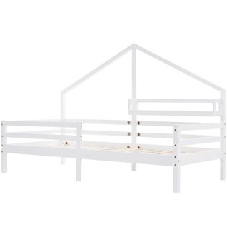 Lit Cabane 90x200 Pour Enfant, Avec Étagère De Rangement, En Bois, Blanc