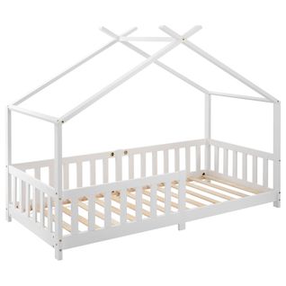 Lit Cabane 90x200 Cm, Lit Enfant Avec Barrière Et Sommier à Lattes, En Bois, Blanc