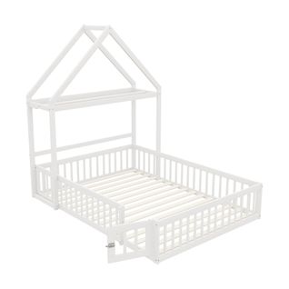 Lit Cabane Enfant 140x200 Cm Avec Portes Et Sommier à Lattes, En Bois, Blanc