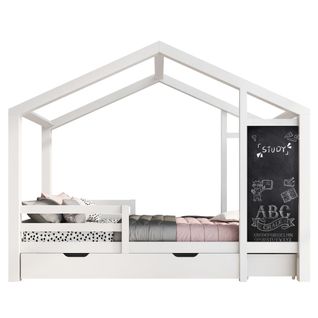 Lit Cabane 90x200 Cm, Lit Enfant Avec 2 Tiroirs Et Tableau Noir, Barrière Et Sommier à Lattes, Blanc