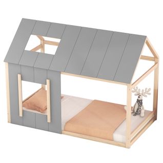 Lit Cabane Enfant 90x200 Cm Avec Toit Et Fenêtre, Couleur Bois Et Gris