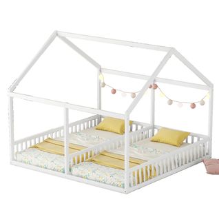 Lit Cabane 90x200, Lit Enfant Pour 2 Personnes, Lattes Inclus, Blanc