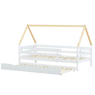 Lit Cabane 90x200 Cm, Lit Enfant, Lit Gigogne 90x190 Cm Avec Roulettes En Dessous, Blanc