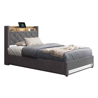 Lit Coffre 90x200cm Gris, Lit Avec Rangement En Tissu Velours Avec LED+usb