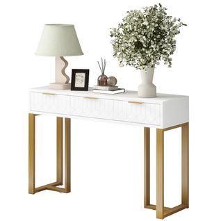 Table Console Avec 3 Tiroirs Blanc Et Doré, Pieds Réglables Et Poignées, 120x36x80cm