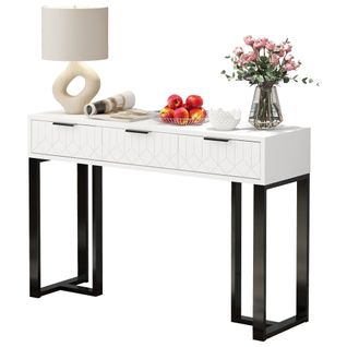 Table Console Avec 3 Tiroirs Blanc Et Noir, Pieds Réglables Et Poignées, 120x36x80cm