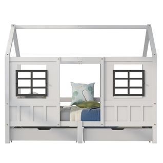 Lit Cabane 2 Tiroirs, Lit Simple, Lit De Repos, Lit Enfant 2 Fenêtres, Mdf, Blanc 200x90cm