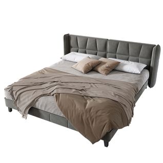 Lit Adulte 180x200cm Avec Sommier à Lattes Et Tête De Lit, Velours, Gris