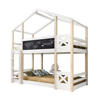 Lit Superposé Cabane 90x200cm Avec Sommiers à Lattes, Bois, Naturel Et Blanc