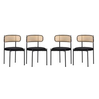 Lot De 4 Chaise Salle Manger Rembourrée Modernes Noir, Velours Et Rotin, Pieds En Métal