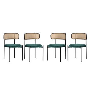 Lot De 4 Chaise Salle Manger Rembourrée Modernes Vert, Velours Et Rotin, Pieds En Métal