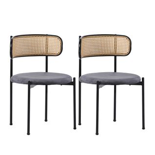 Lot De 2 Chaise Salle Manger Rembourrée Modernes Gris, Velours Et Rotin, Pieds En Métal