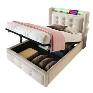 Lit Coffre Enfant 90x200cm, Lit Simple Avec LED, Prises Et USB,type-c, Coton Et Lin, Beige