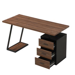 Bureau Droit Avec 3 Tiroirs, Industriel, Marron