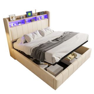 Lit Coffre Adulte 160x200cm, Tête De Lit Avec LED, Port USB Et Sommier, Lin, Beige