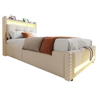 Lit Coffre Enfant 90x200cm Avec LED, Port De Charge, Sommier Et Étagères, Lin, Beige