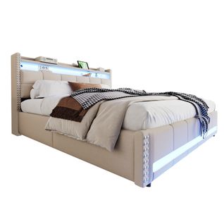 Lit Coffre 180x200cm, Lit 2 Places Avec LED, Port De Charge, Sommier Et Rangement, Lin, Beige