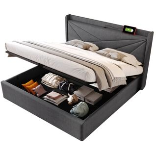Lit Coffre 160x200cm 2 Places Avec Rangement Et Port De Charge, Sommier, Coton Et Lin, Gris