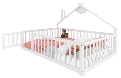 Lit Cabane Enfant 140x190cm Avec Sommier, Barrières Et Petite Porte, Lit Double Au Sol, Pin, Blanc