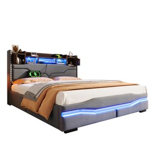 Lit Coffre Adulte 160x200cm Avec LED, Tête De Lit Réglable Avec Rangement Et Port USB-c, Lin, Gris