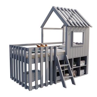 Lit Cabane Enfant 90x200cm Mi-haut En Bois Avec Toit, Fenêtres, Escalier Et Rangements – Gris