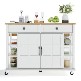 Desserte De Cuisine Blanc Et Plateau Pliable Naturel Avec Tiroirs, Étagères Et Portes