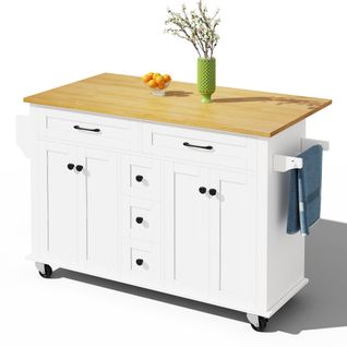 Desserte De Cuisine Sur Roulettes Blanc Et Plateau Pliable Naturel Avec 5 Tiroirs, 4 Portes
