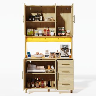 Buffet De Cuisine Haut.183cm Naturel En Rotin Avec LED, Prises, Étagères Réglable Et Tiroirs