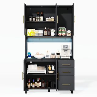 Buffet De Cuisine Haut.183cm Noir En Rotin Avec LED, Prises, Étagères Réglable Et Tiroirs