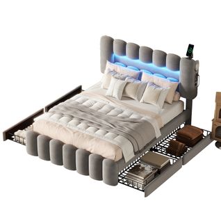 Lit Adulte 160x200 Cm En Tissu Velours Avec 4 Tiroirs De Rangement, LED+usb+enceinte, Gris